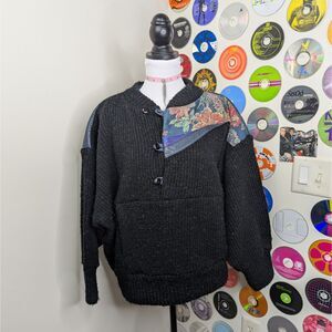 80's Pieced Heavy Knit & Leather Pullover